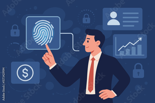 Businessman using fingerprint identification for biometric security. Access to financial data. E-kyc, electronic know your customer technology. Digital innovation concept.