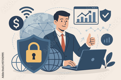 Business security in internet network connection. Data privacy protection, banking, and financial concept. Global business cybersecurity and digital marketing data protection.