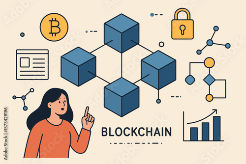 Blockchain technology concept with woman character. Vector cartoon illustration of a decentralized digital block network, cryptocurrency coin, security lock, and financial data.