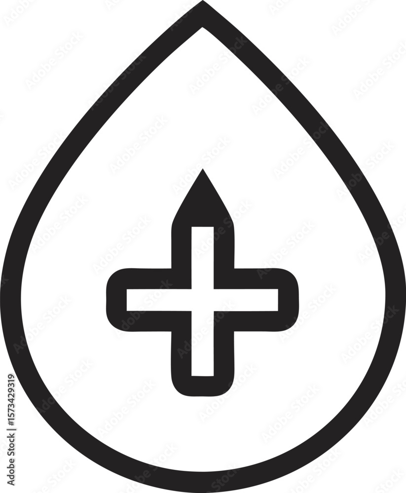 Obraz premium Black Line Art Icon Blood Drop with Central Plus Symbol Minimalist Vector Graphic Medical Healthcare Symbol