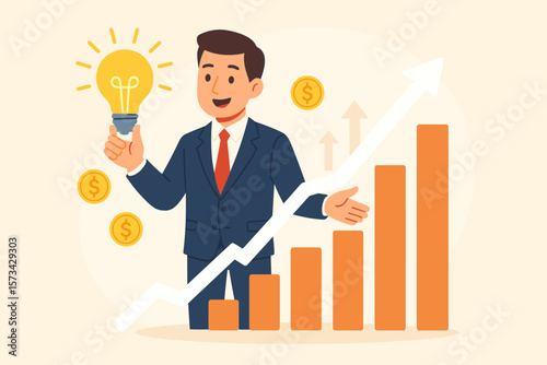 Businessman bright idea light bulb for investment success. Financial growth graph stock market profit. Business strategy innovation startup concept. Modern flat vector cartoon.