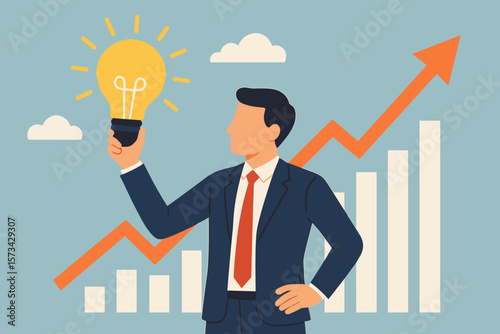 Businessman with bright idea lightbulb for business growth. Investment success, financial strategy concept with stock market chart. Vector cartoon illustration of profit.