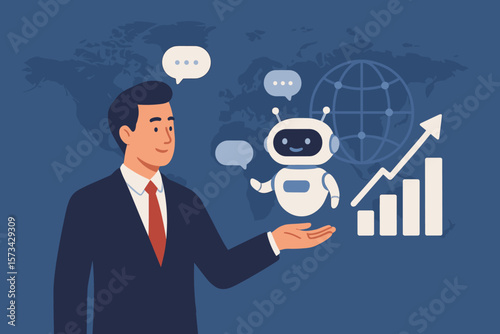 Businessman with digital chatbot assistant for business growth and data analysis. AI robot application for global network connection, online support, and financial strategy.