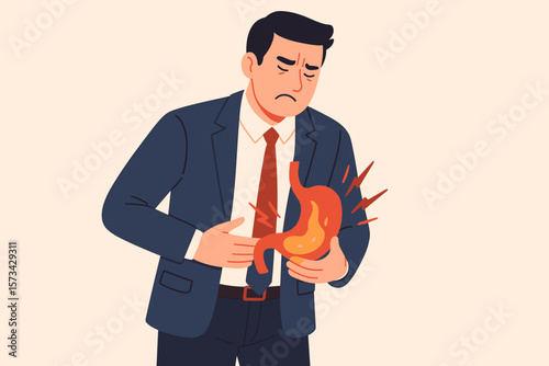 Businessman suffering from stomach ache due to gastritis or GERD. Character with digestive system disorder, heartburn, and acid reflux pain. Indigestion vector illustration.
