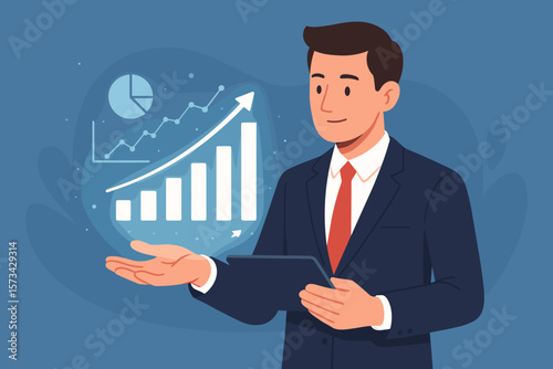 Businessman with tablet shows a virtual hologram of statistics. Growing graph, chart. Success, profit. Stock market, investment. Digital online marketing, Ai technology.