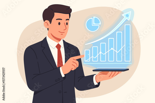 Businessman holding tablet with growing virtual hologram statistics. Financial graph, chart, data analysis. Stock market investment. Digital marketing, AI technology concept.
