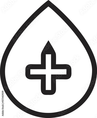 Black Line Art Icon Blood Drop with Central Plus Symbol Minimalist Vector Graphic Medical Healthcare Symbol