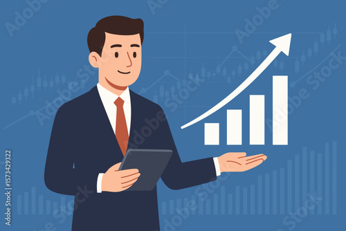 Businessman holding tablet showing business growth graph. Stock market statistics and profit gain chart. Financial success, investment analysis, data vector illustration concept.