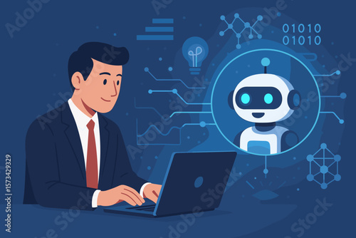 Businessman interacts with AI on laptop. Artificial intelligence, machine learning, chatbot concepts. Data exchange, big data analysis, business support. Science, technology.