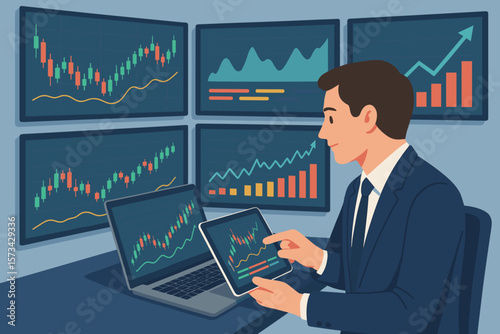 Businessman broker analyzing stock market data on multiple screens. Trader with laptop and tablet in monitoring room. Financial investment, online trading and exchange concept.