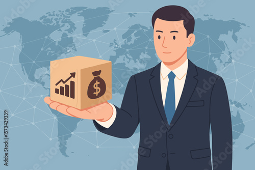 Businessman holding a wooden cube with business icons. Concept of global business, economic growth, financial success, investment strategy, and digital network connections.