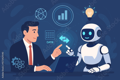 Businessman using laptop with AI robot for data analysis and business intelligence. Machine learning, chatbot, big data concepts. Modern technology and innovation vector.