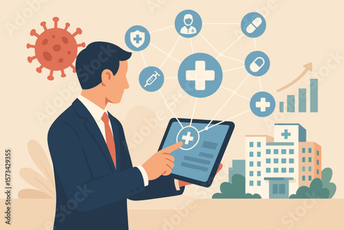 Businessman with tablet managing virtual medical network. Covid-19 pandemic and healthcare awareness. Digital health technology, telemedicine concept, hospital industry growth.