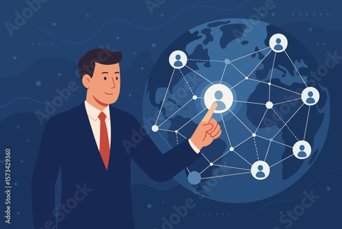 Businessman touching a global customer network. Social media marketing and communication technology concept. CRM, data exchange, and worldwide business connection structure.