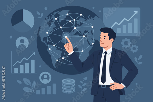 Businessman touching global business network. Analyzing sales data, customer finance and economic graph. Strategy and planning for growth and success. Vector illustration.