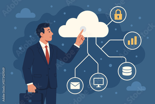 Cloud computing technology. Businessman touching cloud. Connect to data information. Network connectivity and security concept. Big data storage and online business services.