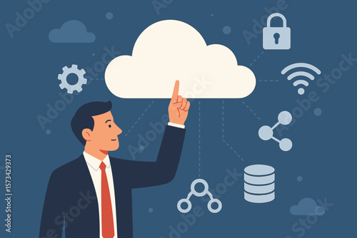 Cloud computing concept. Businessman finger point to cloud icon. Data technology service. Network connectivity. Information storage database. Internet security system. Flat vector.