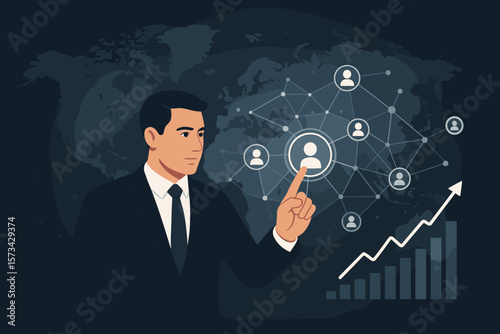 Businessman touching customer icon on a global network structure. CRM, data exchange, and human resources concept. Economic growth graph chart for business and technology.