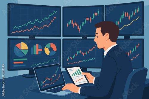 Businessman broker trader analyzing financial data on multiple screens. Stock market exchange, investment concept. Man at computer with charts and graphs for online trading.