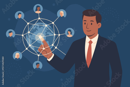 Businessman managing global customer network. Data exchange, social media marketing, and communication technology concept. Digital transformation and business strategy background.