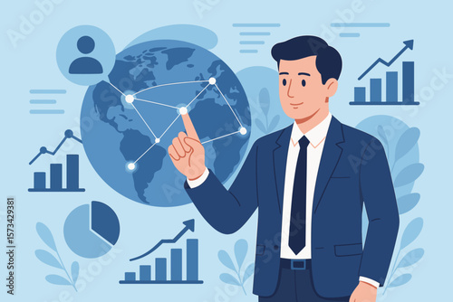 Business global network analysis. Businessman analyzing sales data, customer finance. Economic growth strategy. Success planning concept. Globe, charts, graphs. Flat vector.