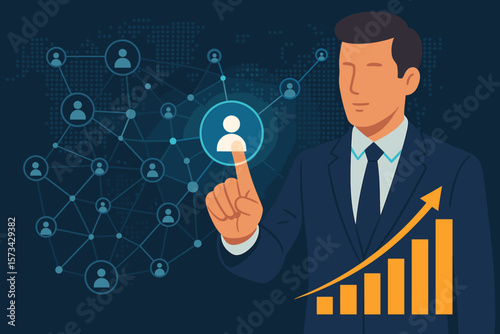 Businessman touching customer icon for CRM on global network. Data exchange, economic growth graph. Business strategy, technology background. Client database management.