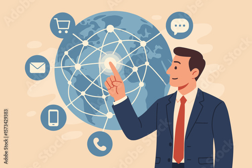 Businessman touching global network connection. Omni Channel marketing concept. Customer journey, communication, and CRM. Digital strategy with multiple contact points. Vector.