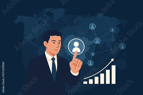Businessman touching customer icon on a global network with data exchange. Economic growth graph chart. Business technology concept for customer relationship management, CRM.