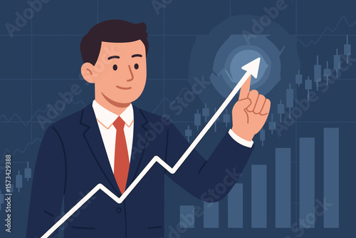 Businessman touching finance growth graph. Stock market analysis chart. Investment success, sales data diagram. Virtual interface. Currency exchange. Profit, progress, trading.