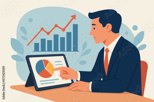 Businessman analyzing financial data on tablet. Man working with pie chart and growth graph. Corporate investment strategy, sales report analytics for business success.