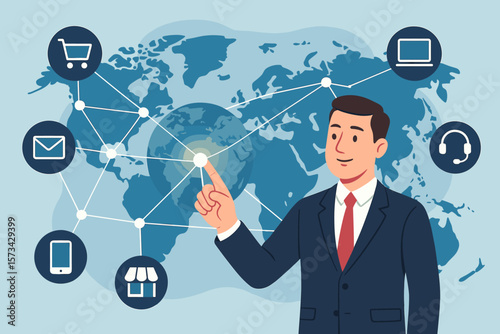 Omnichannel global business concept. Businessman managing customer experience. Network with e-commerce, communication, digital marketing and sales channels. Vector cartoon.