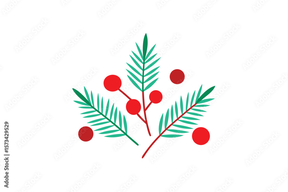 Naklejka premium Snowy Pine Branches Red Berry Twigs And Hand Drawn Elements