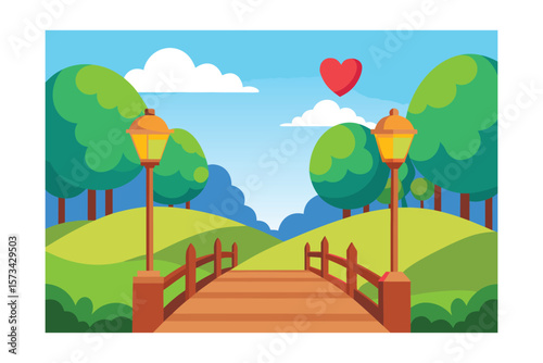Stylized Cartoon Park Scene From A Low Vantage Point