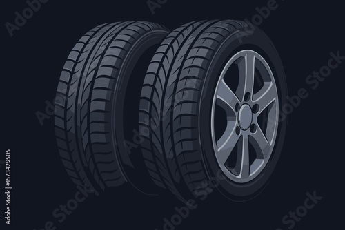 Close up of two car tires with detailed tread and alloy wheel rim. Automotive rubber wheel for vehicle service or repair shop. Modern flat vector cartoon illustration.