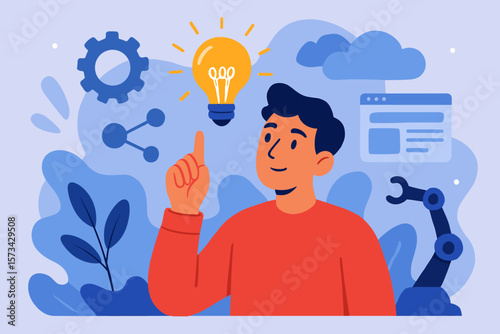 Man with a great idea. Creative concept. Innovation and technology. Modern flat vector cartoon illustration. Brainstorming, startup, solution, inspiration and business thinking.