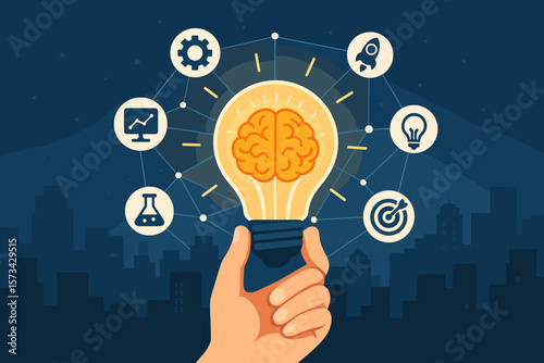 Creative new ideas and innovation concept. Hand holding light bulb with smart brain inside. Innovation icon network connection on city background. Technology and solution metaphor.
