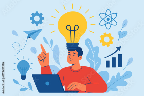 Innovation and creative idea concept. Man at computer with lightbulb over head. Business startup, new solution, technology, inspiration and strategy for growth and success.