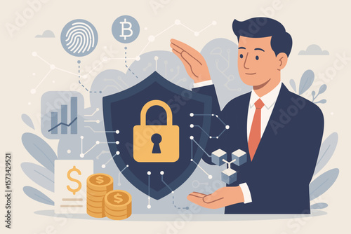 Cyber security and data protection. Businessman protects financial data. Blockchain technology, crypto, fingerprint biometrics, secure network connection, innovation concept.
