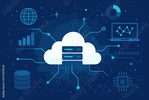 Cloud computing technology concept. Big data storage, processing, and analytics. Server hosting, database network, and internet connection. Digital science visualization vector.