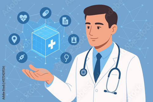 Doctor holds virtual medical cube on network with healthcare icons. Digital health, telemedicine, and modern technology innovation concept. Flat vector cartoon illustration.