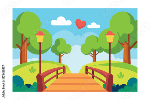 Stylized Cartoon Park Scene From A Low Vantage Point