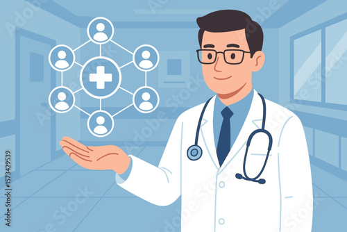 Doctor with medical network connection. Virtual screen interface. Telemedicine technology concept. Patient data management. Healthcare innovation in hospital background vector.