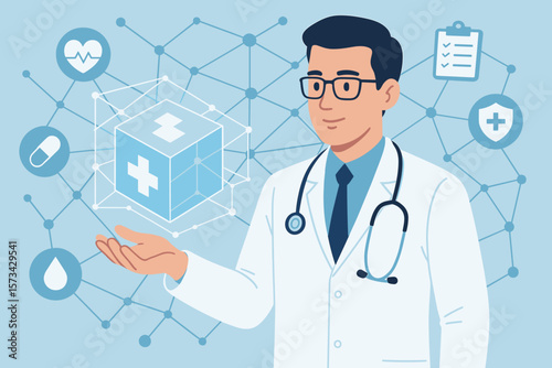 Doctor holds virtual cube, medical network, healthcare icons. Digital health, telemedicine, future medicine concept. AI in healthcare. Modern flat vector cartoon illustration.