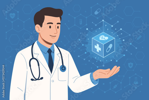 Doctor holds virtual cube with medical icons. Healthcare network technology concept. Digital health, telemedicine, AI in medicine. Modern flat vector cartoon illustration.