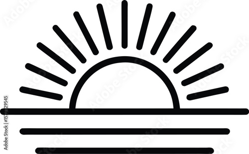 Black Line Art Icon Minimalist Sunrise Bold Lines Semicircle Sun Radiating Rays Thick Stroke Graphic Design Element