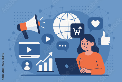 Digital marketing concept. Social media strategy for e-commerce. Online business promotion, advertising, and customer engagement. Global network and content marketing growth.