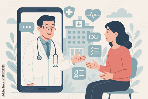 Telemedicine concept with doctor on smartphone screen providing online medical consultation to a patient. Virtual hospital, telehealth, and remote healthcare technology innovation.