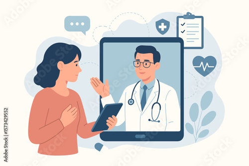 Online doctor consultation with patient via tablet. Telemedicine, telehealth, and e-health concept. Virtual medical communication and healthcare network. Modern flat vector art.