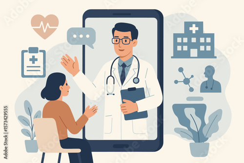 Doctor online and virtual hospital concept. Diagnostics and online medical consultation on a smartphone. Communication with patient on network. Healthcare, telehealth and innovation.