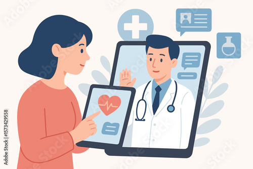 Telemedicine concept with patient consulting a doctor online via video call on a tablet. Virtual healthcare, remote medical consultation, and e-health technology for diagnosis.